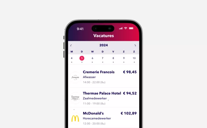 Een afbeelding uit de NOWJOBS app toont alle beschikbare vacatures